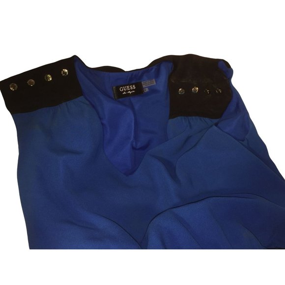 Vintage GUESS Dress - Blue with Black Shoulders, Belt and Block at bottom Size 8 - Picture 8 of 11